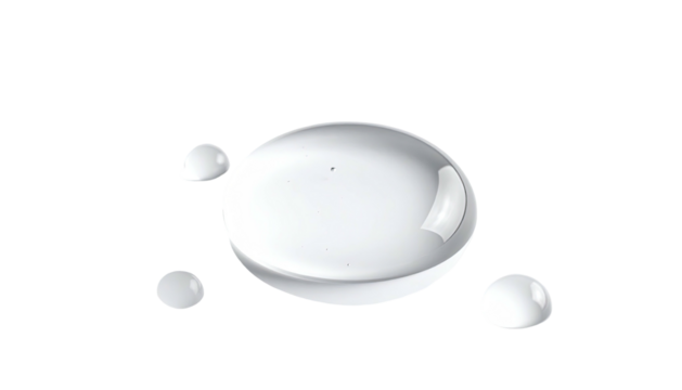 Isolated macro shot of several water droplets with internal reflections on a stark black background