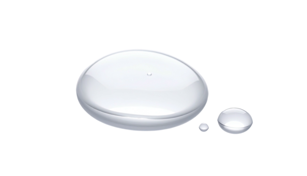 Three water droplets, varying sizes, on a black backdrop, reflecting light with soft gradient