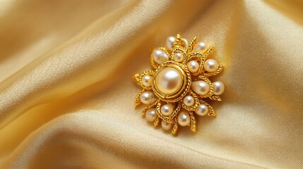 Traditional nose pin in a floral design crafted with small pearls and gold The piece is showcased on a soft satin cloth that enhances its detailed craftsmanship