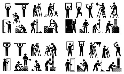Construction worker icons set showing building and repair activities in flat vector illustration
