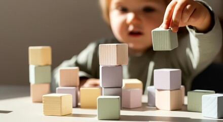 A child's hand placing the last block on a wooden tower.