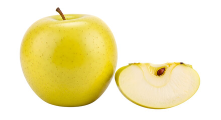 Whole yellow apple and a half cut apple isolated on transparent background