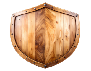 Wooden shield with elegant curve and detailed wood texture, isolated on transparent background. Great for battle scenes, heraldic emblems, or fantasy digital artwork.