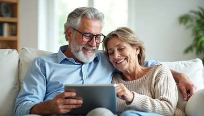 Elderly couple smiles while using digital tablet on sofa. Happy mature man and woman browse internet, enjoy leisure time together at home. Aged pair shares moments with tech device indoors.