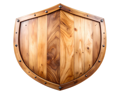 Wooden shield with elegant curve and detailed wood texture, isolated on transparent background. Great for battle scenes, heraldic emblems, or fantasy digital artwork.
