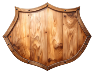 Wooden shield with elegant curve and detailed wood texture, isolated on transparent background. Great for battle scenes, heraldic emblems, or fantasy digital artwork.