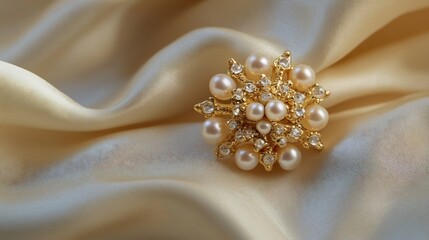 Traditional nose pin in a floral design crafted with small pearls and gold The piece is showcased on a soft satin cloth that enhances its detailed craftsmanship