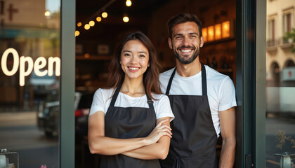 Happy cafe owners man and woman stand at storefront entrance. Diverse couple wears aprons, smiles brightly, ready serve customers. Business partners open shop for day.