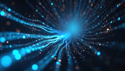 Obraz premium Abstract glowing blue lines form tunnel of data streams. Digital information flows through network of light. Futuristic technology connects global systems at high speed. AI learns from massive data