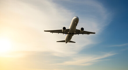 Obraz premium Airplane flying in the sky with clouds and sun, travel and transportation concept, vacation