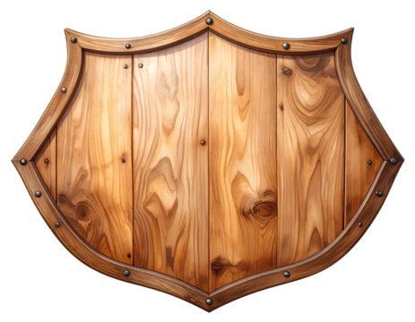 Wooden shield with elegant curve and detailed wood texture, isolated on transparent background. Great for battle scenes, heraldic emblems, or fantasy digital artwork.