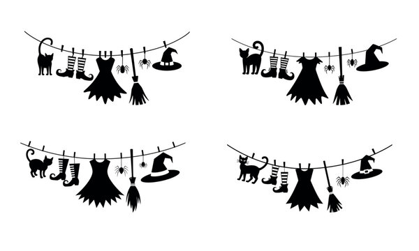 Halloween witch costume hanging on clothesline with hat broom and dress silhouette
