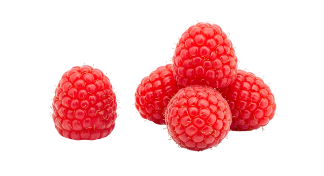 A cluster of fresh red raspberries isolated on transparent background