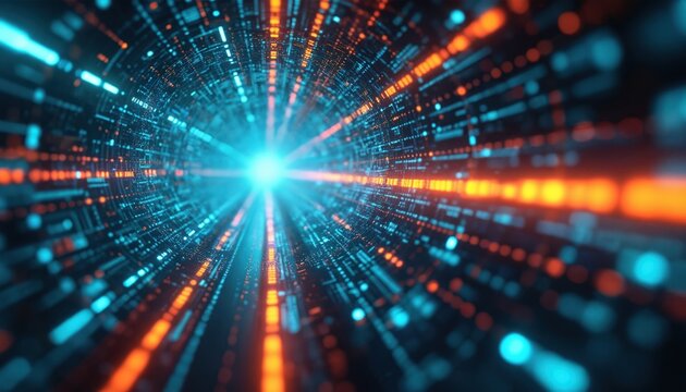 Abstract digital tunnel with glowing neon lights, data streams flowing fast into bright light source. Futuristic network, technology background, binary code, speed.
