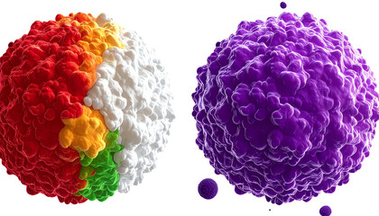 Two detailed, textured spheres, one vibrant, segmented; the other solid purple