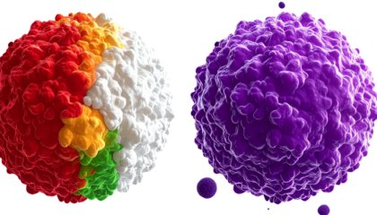 Two detailed, textured spheres, one vibrant, segmented; the other solid purple