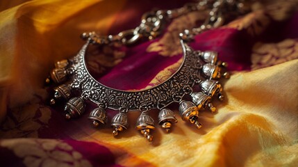 Traditional silver anklet with intricate etchings and small bells set against a silk fabric capturing the artistry of ethnic jewelry and the elegance of traditional fashion