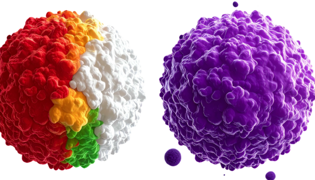 Two detailed, textured spheres, one vibrant, segmented; the other solid purple