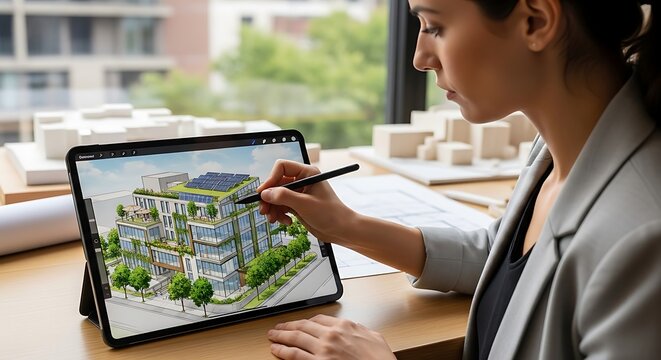 Female Architect Using Digital Tablet to Design Modern Eco-friendly Building in Office