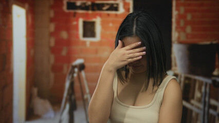 Fototapeta premium Young woman covering face at indoor construction site with brick walls indicating stress or contemplation in progress of renovation.