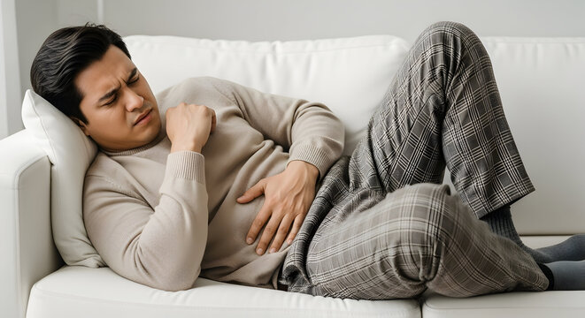 Man lying on a couch with stomach pain, holding his abdomen in discomfort