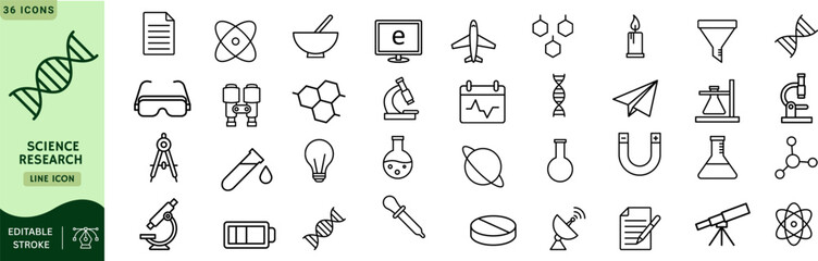Minimalist Science Research Line Icon Set – Experiment, Laboratory, Scientist, Thin Outline Icons, Editable Stroke