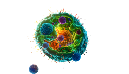 Microscopic, colorful, cell-like structure with various internal components, isolated on black