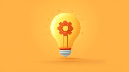 Glowing illumination bulb containing a mechanical gear symbol rests against a vibrant orange background