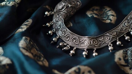 Traditional silver anklet with intricate etchings and small bells set against a silk fabric capturing the artistry of ethnic jewelry and the elegance of traditional fashion