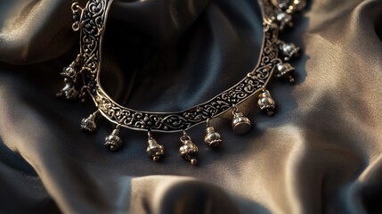 Traditional silver anklet with intricate etchings and small bells set against a silk fabric capturing the artistry of ethnic jewelry and the elegance of traditional fashion