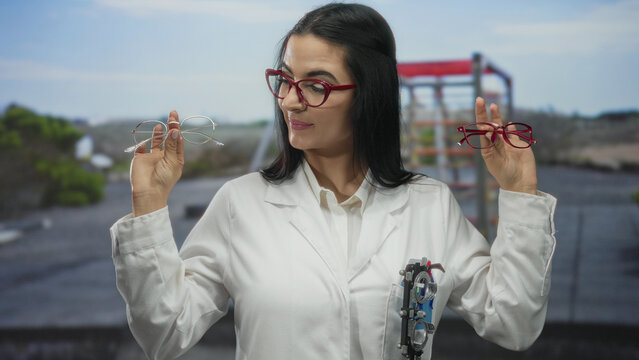 Woman optician holding eyeglasses outdoors in a park with playful playground backdrop, wearing white uniform and smiling confidently on sunny day.