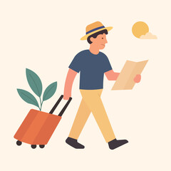 Traveler Walking with Luggage and Map Flat Vector Illustration