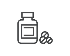 Fototapeta premium Outline drawing of a medicine bottle with a label and three round pills next to the bottle isolated