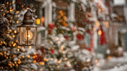 Festive warm Christmas scene of decorated snowy street blurred abstract background with a lantern of sharp focus