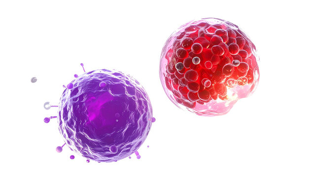 Render of two stylized cells, one purple, one red, with visible interiors, against black - Powered by Adobe