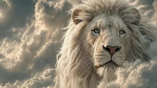 A god of lion on the cloud , white paradise is background , epic animal video.