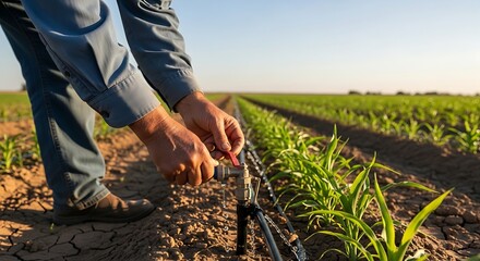 Farmer Adjusting Sprinkler System in Green Crops Field During Sunset
