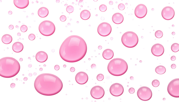 Pink, spherical droplets floating against a black background