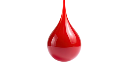 Glossy, crimson drop, suspended and isolated against a stark, black background