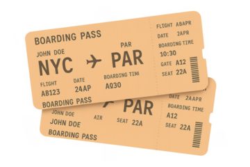 Two airplane boarding passes for a trip, transparent background
