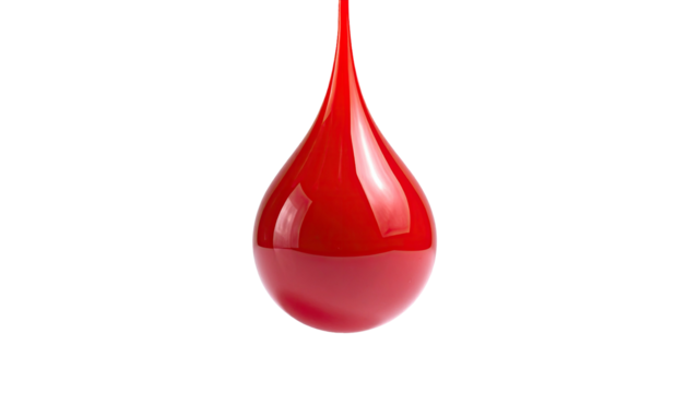 Glossy, crimson drop, suspended and isolated against a stark, black background