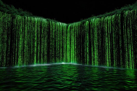 Digital Waterfall with Green Data Stream and Water Surface