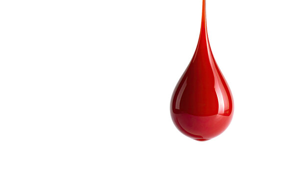 A single, glossy, crimson drop suspended against a stark black background