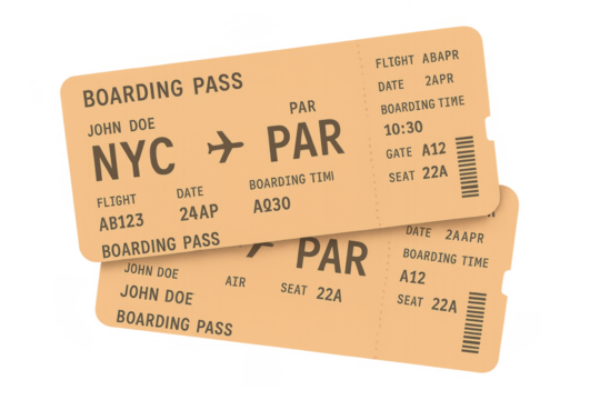 Two airplane boarding passes for a trip, transparent background