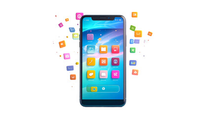 Rendered smartphone with user interface and floating app icons on black background