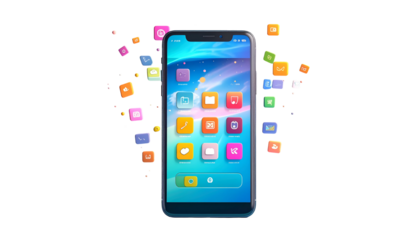 Rendered smartphone with user interface and floating app icons on black background