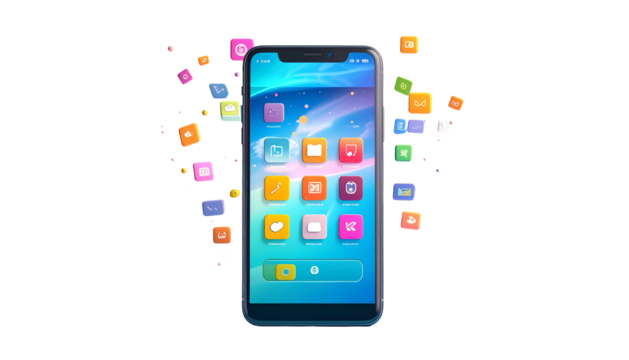 Rendered smartphone with user interface and floating app icons on black background