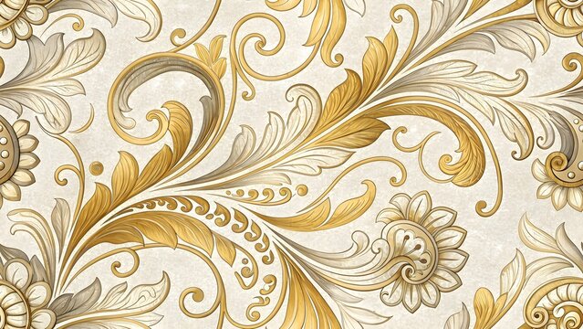 Ornate vintage paisley floral pattern with warm golden and green tones