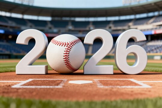 A minimalist 3D design featuring ultra-realistic 2026 numbers against a blurred baseball stadium background with a baseball replacing the zero in soft studio lighting for sports marketing