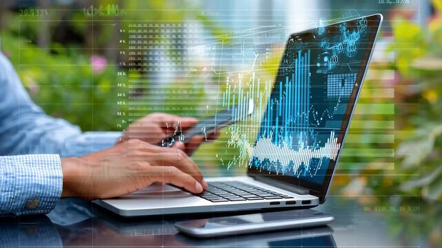 Person uses laptop and credit card for online financial data analysis outdoors with blurred greenery background, 4k video - Powered by Adobe
